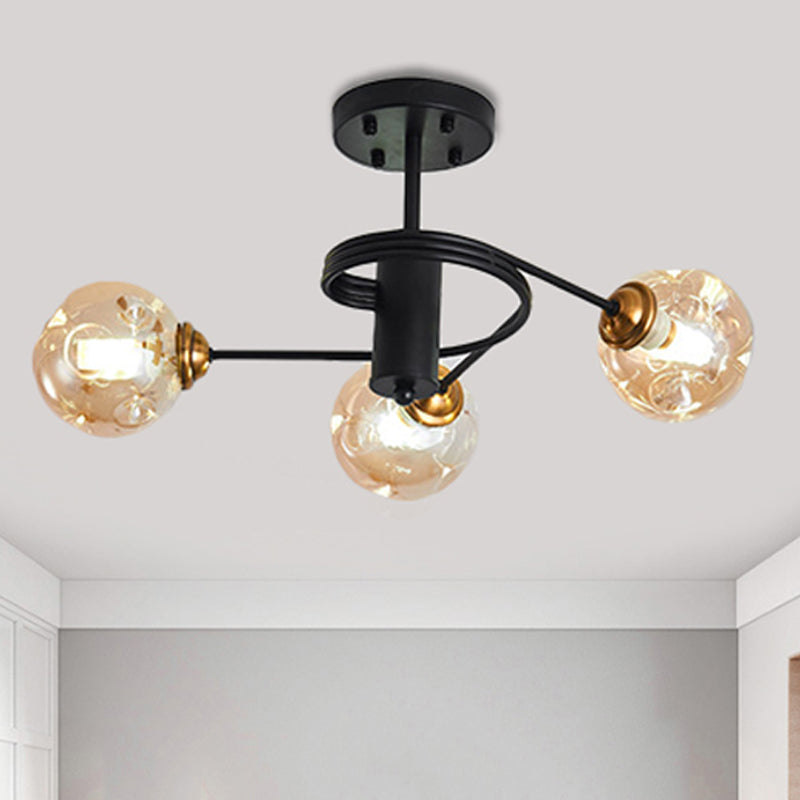 Sleek Black Modernist Semi-Flush Ceiling Light With Amber/Smoke Dimpled Glass Shades - Perfect For