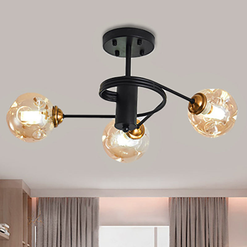 Sleek Black Modernist Semi-Flush Ceiling Light With Amber/Smoke Dimpled Glass Shades - Perfect For