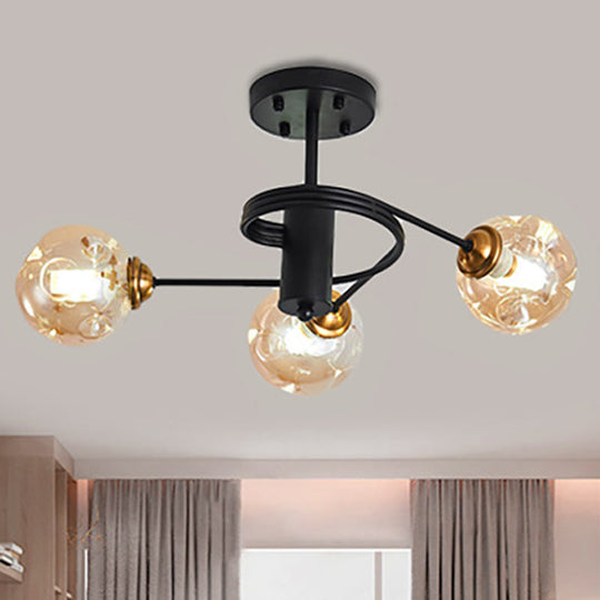 Sleek Black Modernist Semi-Flush Ceiling Light With Amber/Smoke Dimpled Glass Shades - Perfect For