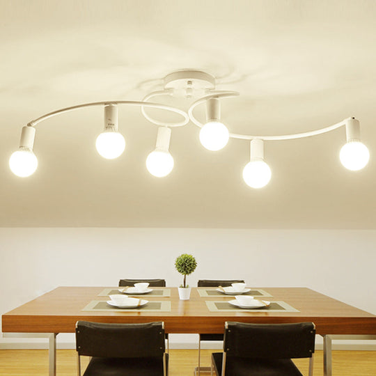 Contemporary 6 - Light Semi Flush Light Fixture With Curved Arm And Opal Glass Shade White