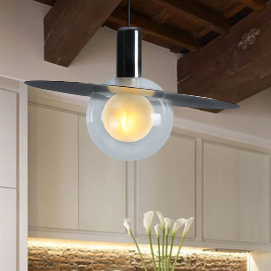 Contemporary Led Pendant Lamp: Globe Clear Glass Black Hanging Light Fixture With Ring Disk