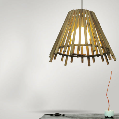Vintage Bamboo Cone Shade Ceiling Light With Led Bulb - Natural Wood Suspension Lamp