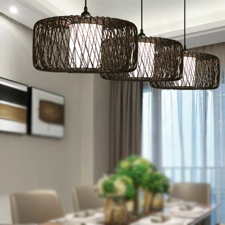 Contemporary Restaurant Hanging Lamp With Bamboo Shade- Black Pendant Light Fixture 16/23.5 Wide /