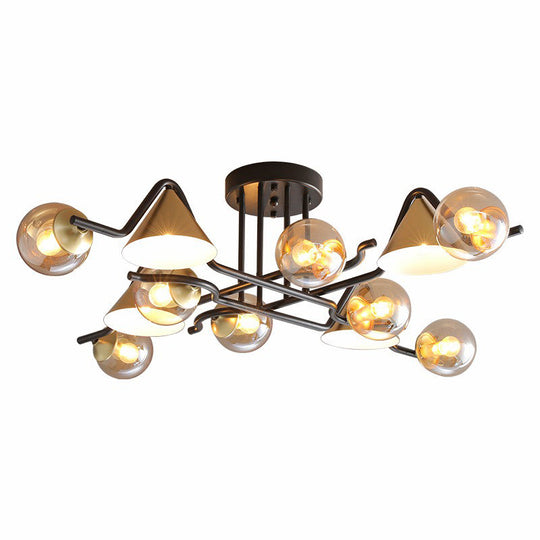 Minimalist Glass Semi Flush Ceiling Light - Cone And Ball Shaped Black - Brass Finish