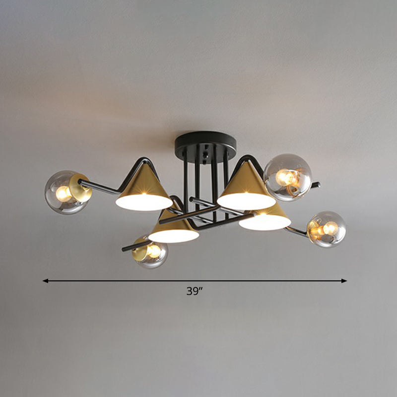 Minimalist Glass Semi Flush Ceiling Light - Cone And Ball Shaped Black - Brass Finish 8 / Smoke Gray
