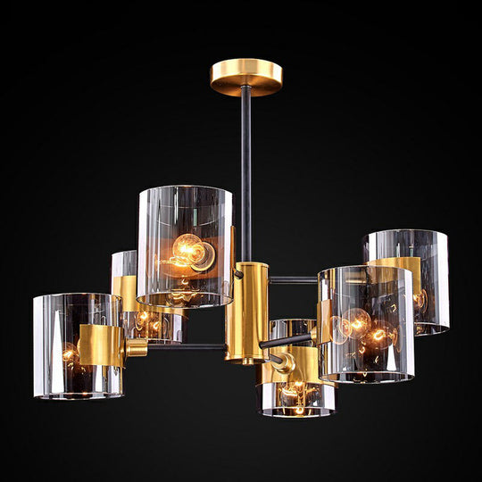 Minimalistic Smoke Grey Glass Cylinder Chandelier: Black-Brass Ceiling Pendant Light For Dining Room