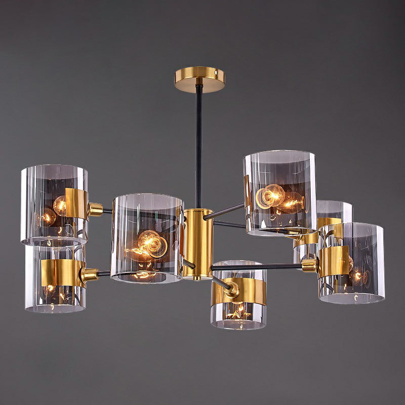 Minimalistic Smoke Grey Glass Cylinder Chandelier: Black-Brass Ceiling Pendant Light For Dining Room