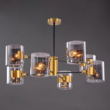 Minimalistic Smoke Grey Glass Cylinder Chandelier With Black-Brass Ceiling Pendant Light For Dining
