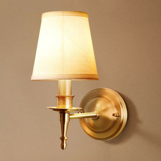 Modern Brass Taper Wall Lamp: Stylish Single-Bulb Fabric Sconce For Corridor
