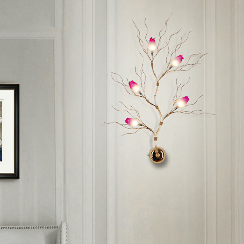 Golden Aluminum Wall Mount Sconce With 5 Artistic Rose Lights For Living Room Gold / Purple