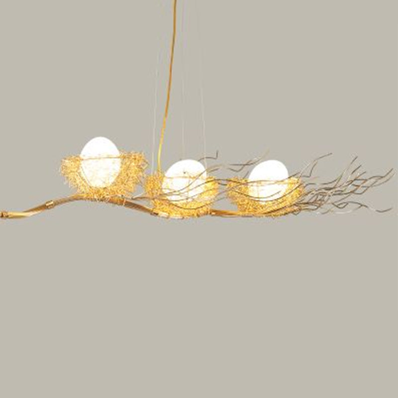 Artistic 3-Light Beige Nest And Egg Island Hanging Light With Cream Glass Shade / Branch