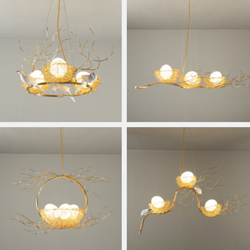 Artistic 3-Light Beige Nest And Egg Island Pendant With Cream Glass Shade