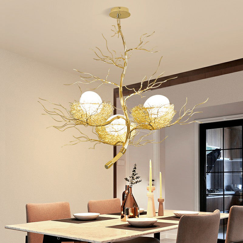 Modern Nest Pendant Light In Beige Aluminum - 3 Heads Chandelier Fixture For Dining Room