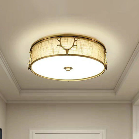 Nordic Style Ceiling Flush Light With Decorative Antler Design For Foyer - Fabric Drum