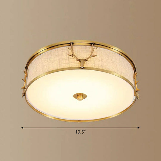 Nordic Style Ceiling Flush Light With Decorative Antler Design For Foyer - Fabric Drum Brass / 19.5