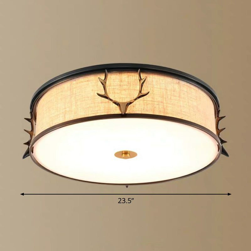 Nordic Style Ceiling Flush Light With Decorative Antler Design For Foyer - Fabric Drum Black / 23.5