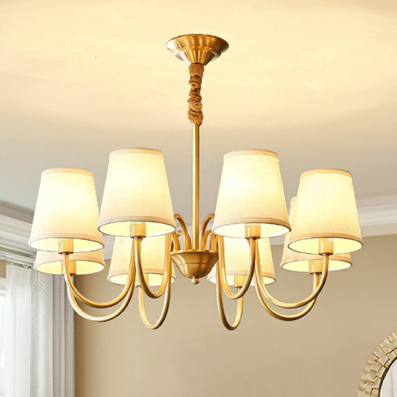 Minimalistic Brass Chandelier With Curvy Arm And Cone Fabric Shade For Living Room Pendant Lighting