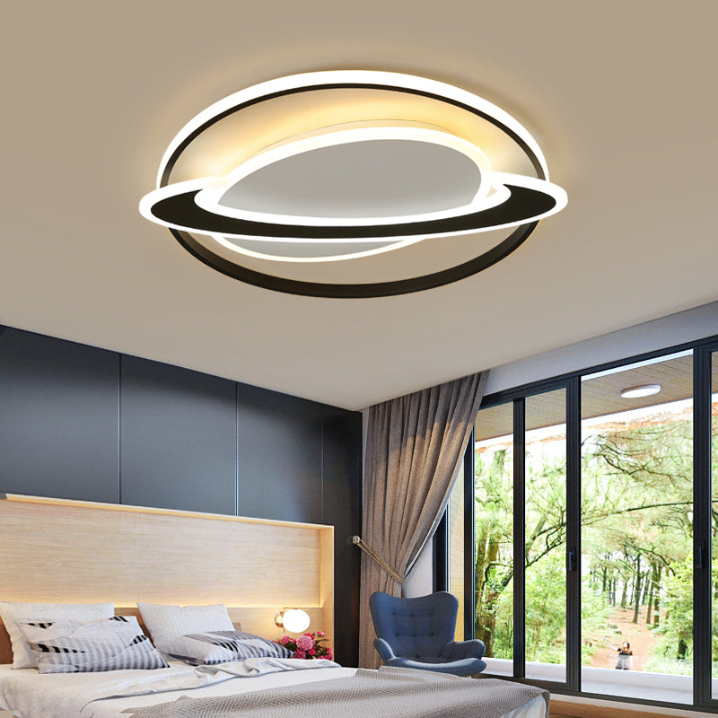 Ringed Planet Led Flush Mount Ceiling Light In Black-White - Nordic Acrylic Fixture For Bedroom