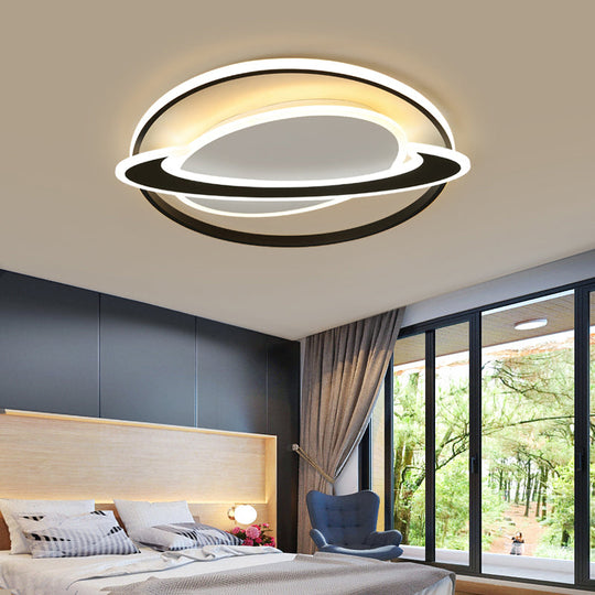 Ringed Planet Led Flush Mount Ceiling Light In Black-White - Nordic Acrylic Fixture For Bedroom