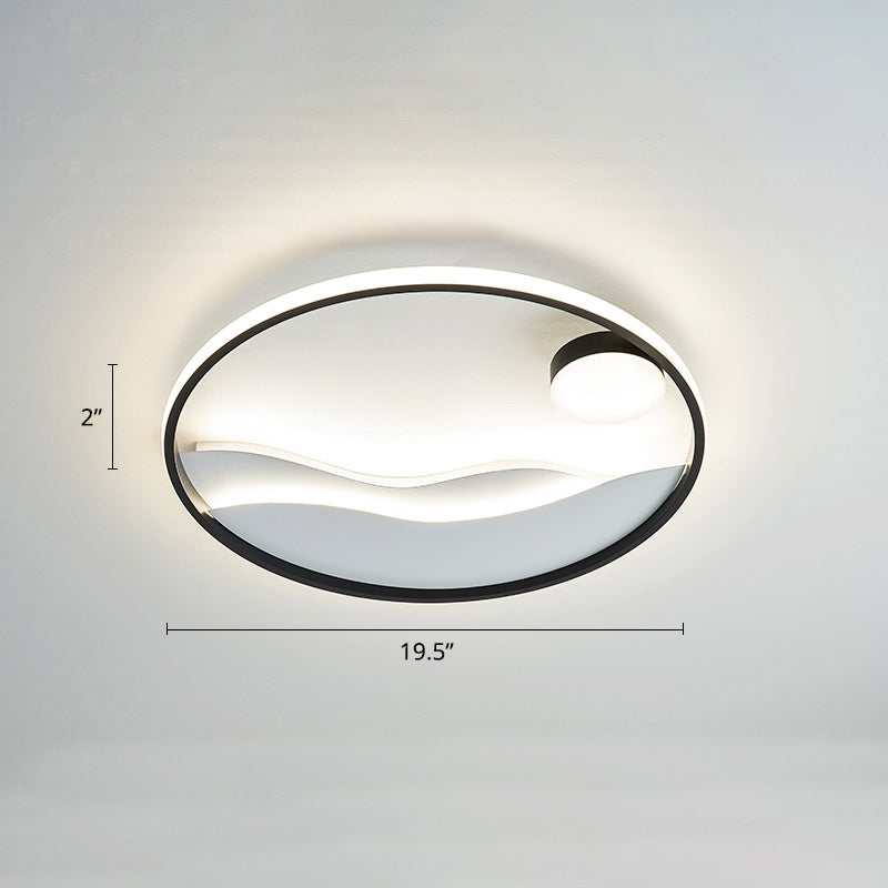 Metal Sunset & Sea Led Ceiling Light With Halo Ring For Bedroom Flush Mounting Black-White / 19.5