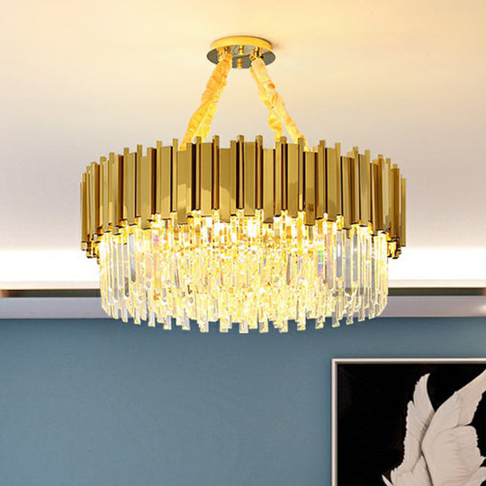 Modern Brass Drum Chandelier With Crystal Prism Shade - Simple Style Suspension Light