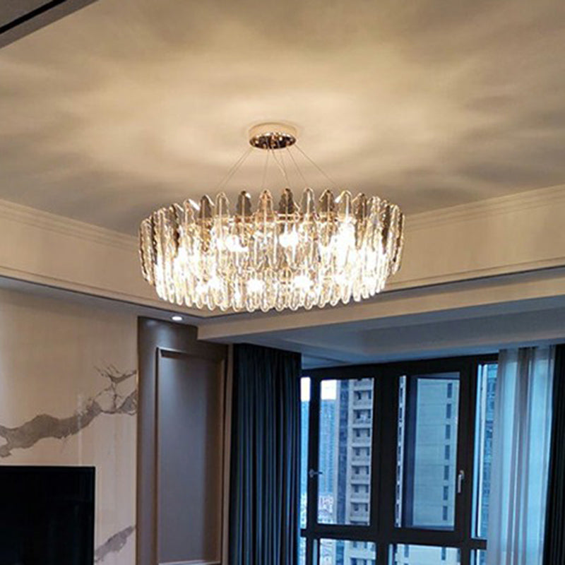 Crystal Leaf Round Ceiling Chandelier With 9 Bulbs For Modern Living Rooms
