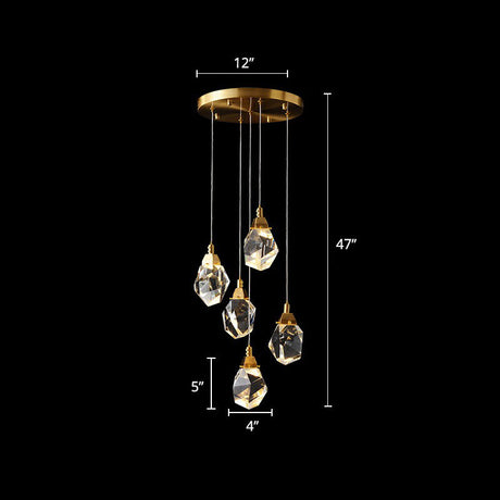 Minimalist Brass Led Cluster Pendant Light For Staircase With Crystal Gem Detail 5 /