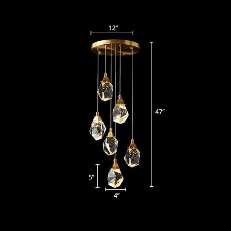 Minimalist Brass Led Cluster Pendant Light For Staircase With Crystal Gem Detail 6 /
