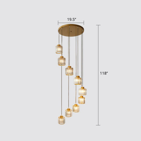 Prismatic Crystal Pendant Chandelier With Postmodern Cylindrical Design - Ideal For Stairways 9 /