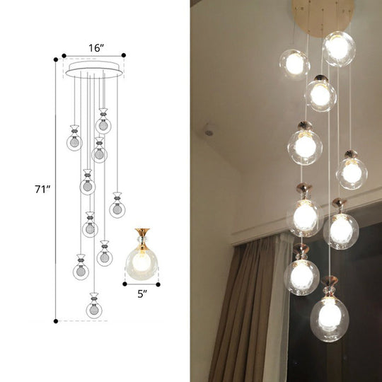 Gold Multi-Light Ceiling Lamp With Clear And Frosted Glass Ball Shades - Minimalistic Pendant For