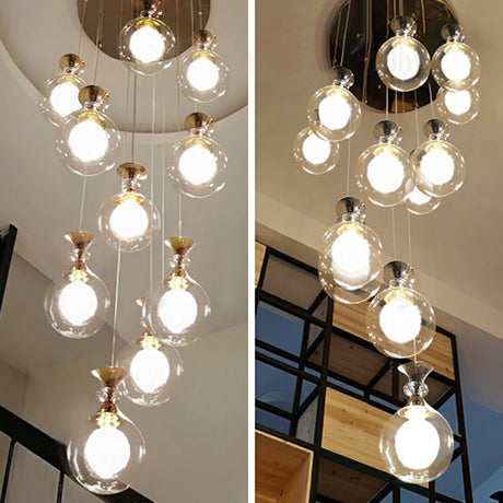 Gold Multi-Light Ceiling Lamp With Clear And Frosted Glass Ball Shades - Minimalistic Pendant For