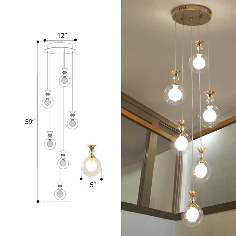 Gold Multi-Light Ceiling Lamp With Clear And Frosted Glass Ball Shades - Minimalistic Pendant For