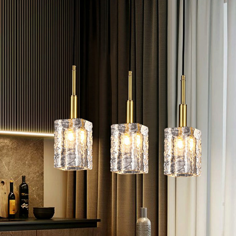Gold Rectangular Dining Room Pendulum Light With Clear Rippled Crystal - Elegant 1-Bulb Hanging