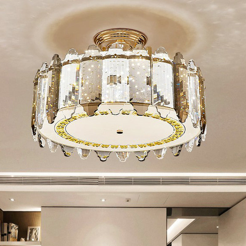 Contemporary Drum-Shaped Crystal Flush Mount Ceiling Light For Dining Room