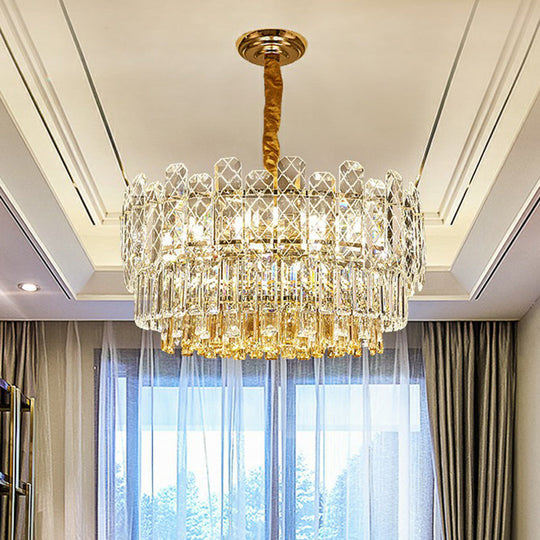 Rectangular Drum Crystal Chandelier With 9 Bulbs For Bedroom Ceiling Lighting In Clear And Simple