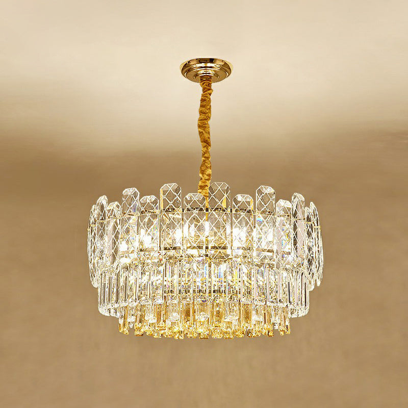 Rectangular Drum Crystal Chandelier With 9 Bulbs For Bedroom Ceiling Lighting In Clear And Simple