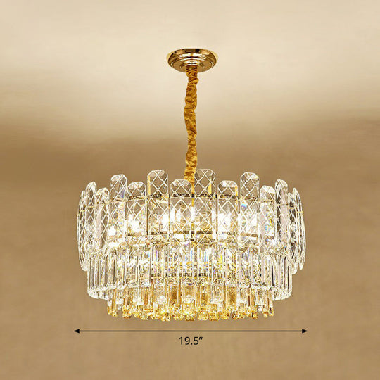 Rectangular Drum Crystal Chandelier With 9 Bulbs For Bedroom Ceiling Lighting In Clear And Simple