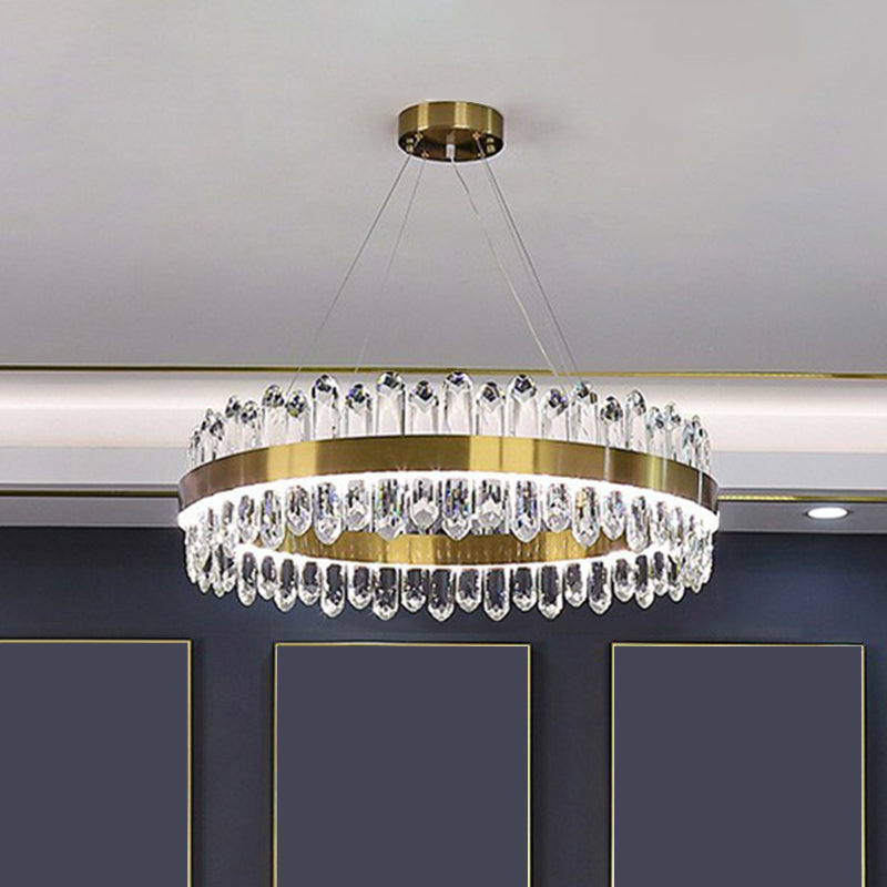 Minimalist Gold Halo Chandelier Pendant With Led Crystal Icicle - Elegant Hanging Light Fixture
