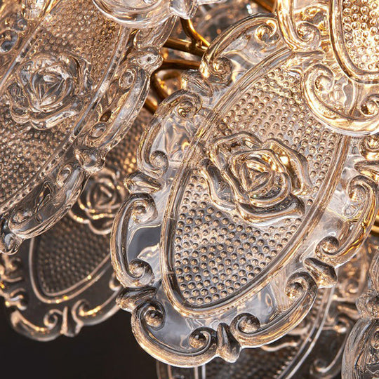 Postmodern Gold Chandelier With Carved Glass Tiers For Dining Room Lighting