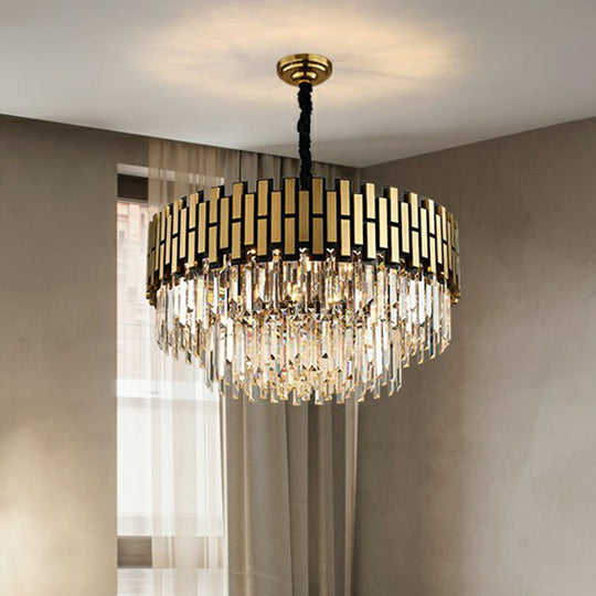 Gold Finish Crystal Rods Chandelier Pendant For Living Room - Elegant Round Hanging Ceiling Light