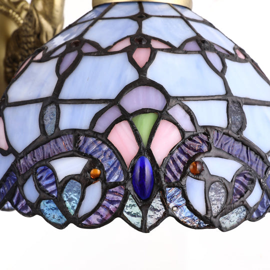 Mermaid Backplate Brass Sconce Light With Blue Glass Dome - Mediterranean Wall Mount 2 Heads