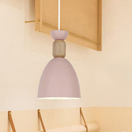 Dining Room Metal-Wood Domed Suspension Light: Macaron Hanging Light Fixture Pink