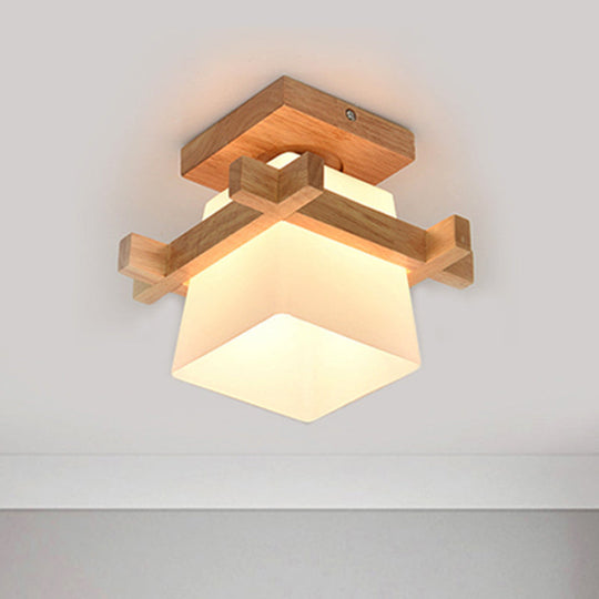 Trapezoid Opal Glass Pendant Light With Wood Deco – Japanese Style Ceiling Lamp For Bedroom