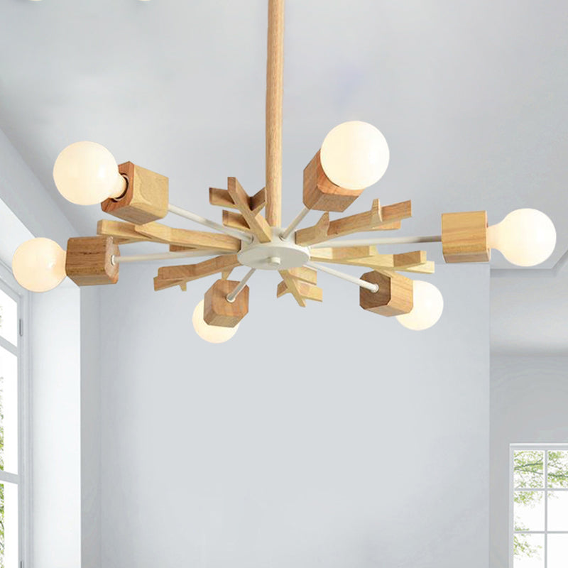 Japanese Style Beige Wood Chandelier - Snowflake Pendant Light For Bedroom