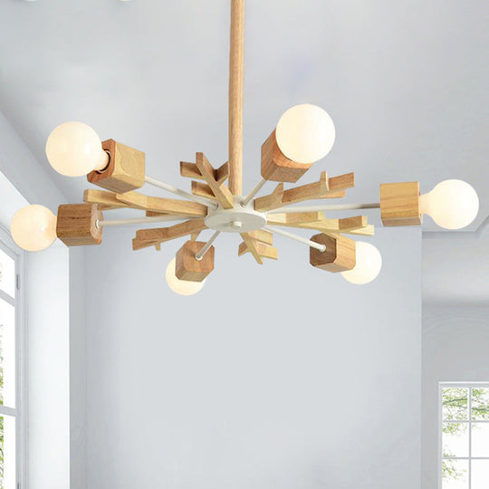 Japanese Style Beige Wood Chandelier - Snowflake Pendant Light For Bedroom