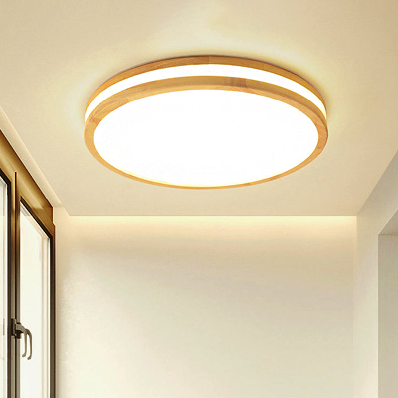 Japanese Style Flush Ceiling Light - Acrylic And Wood Led Lamp In Beige For Porch