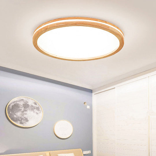 Japanese Style Flush Ceiling Light - Acrylic And Wood Led Lamp In Beige For Porch