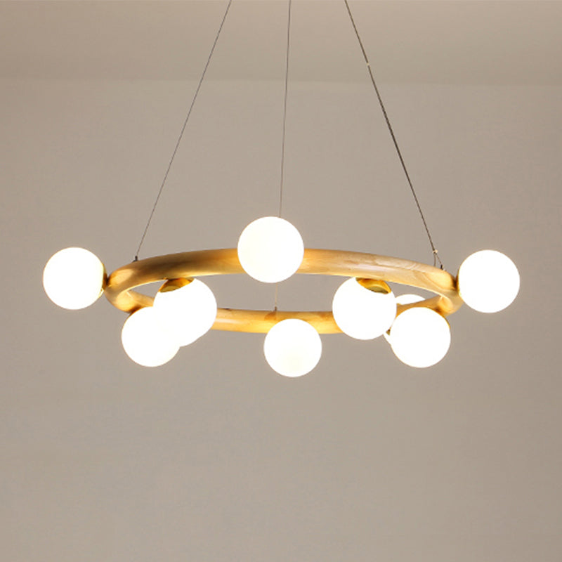 Japanese Style Wood Ring Pendant Light With Bubble Shade In Beige - Perfect For Study Room