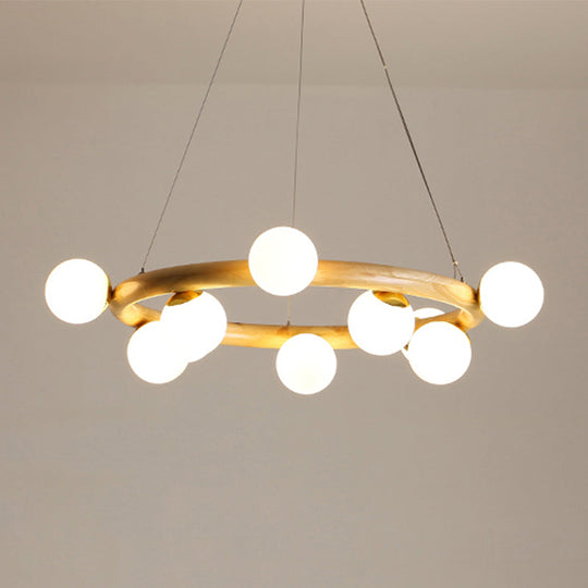Japanese Style Wood Ring Pendant Light With Bubble Shade In Beige - Perfect For Study Room