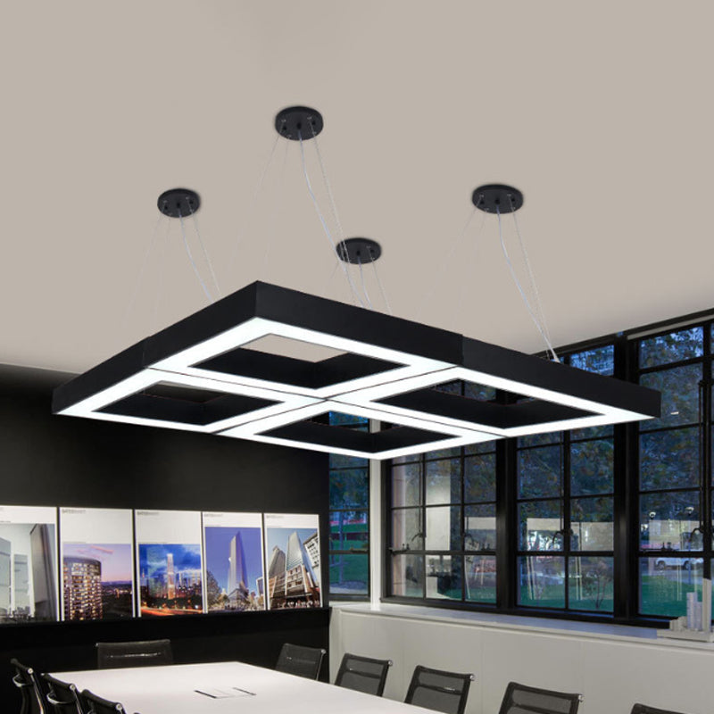 Square Metal Pendant Lighting - Modern Led Black Hanging Lamp Kit In White/Warm Light For Office